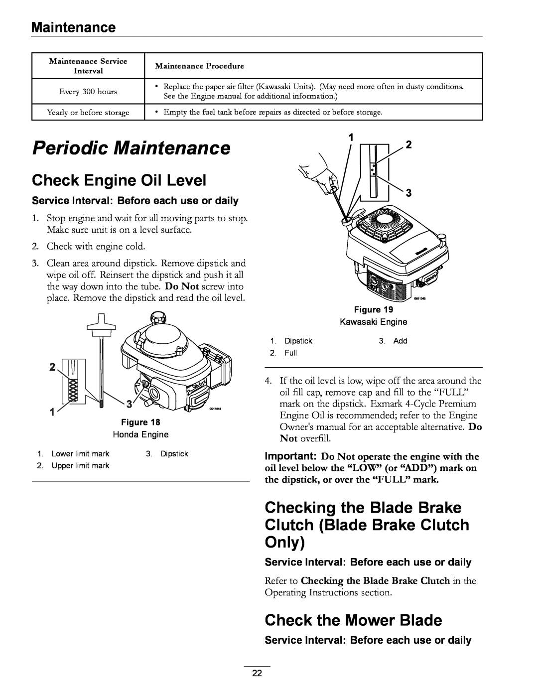 Exmark COMMERCIAL 21 Periodic Maintenance, Check Engine Oil Level, Checking the Blade Brake Clutch Blade Brake Clutch Only 
