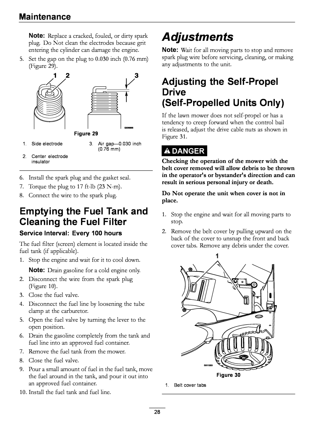 Exmark COMMERCIAL 21 manual Adjustments, Emptying the Fuel Tank and Cleaning the Fuel Filter, Maintenance, Danger 