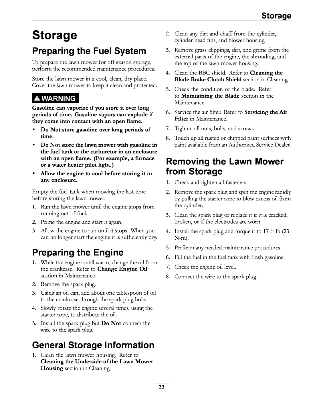 Exmark COMMERCIAL 21 manual Preparing the Fuel System, Preparing the Engine, General Storage Information 