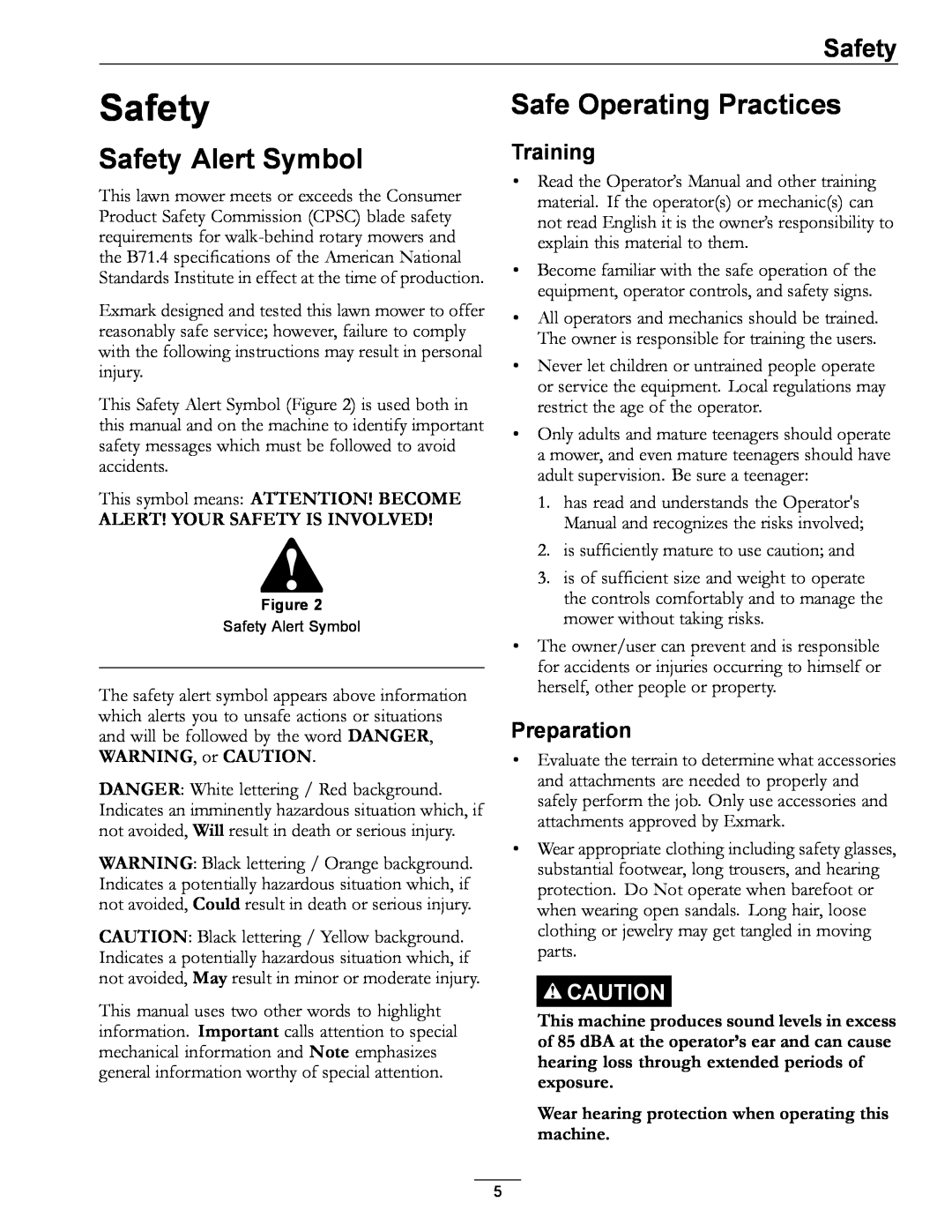 Exmark COMMERCIAL 21 manual Safety Alert Symbol, Safe Operating Practices, Training, Preparation 