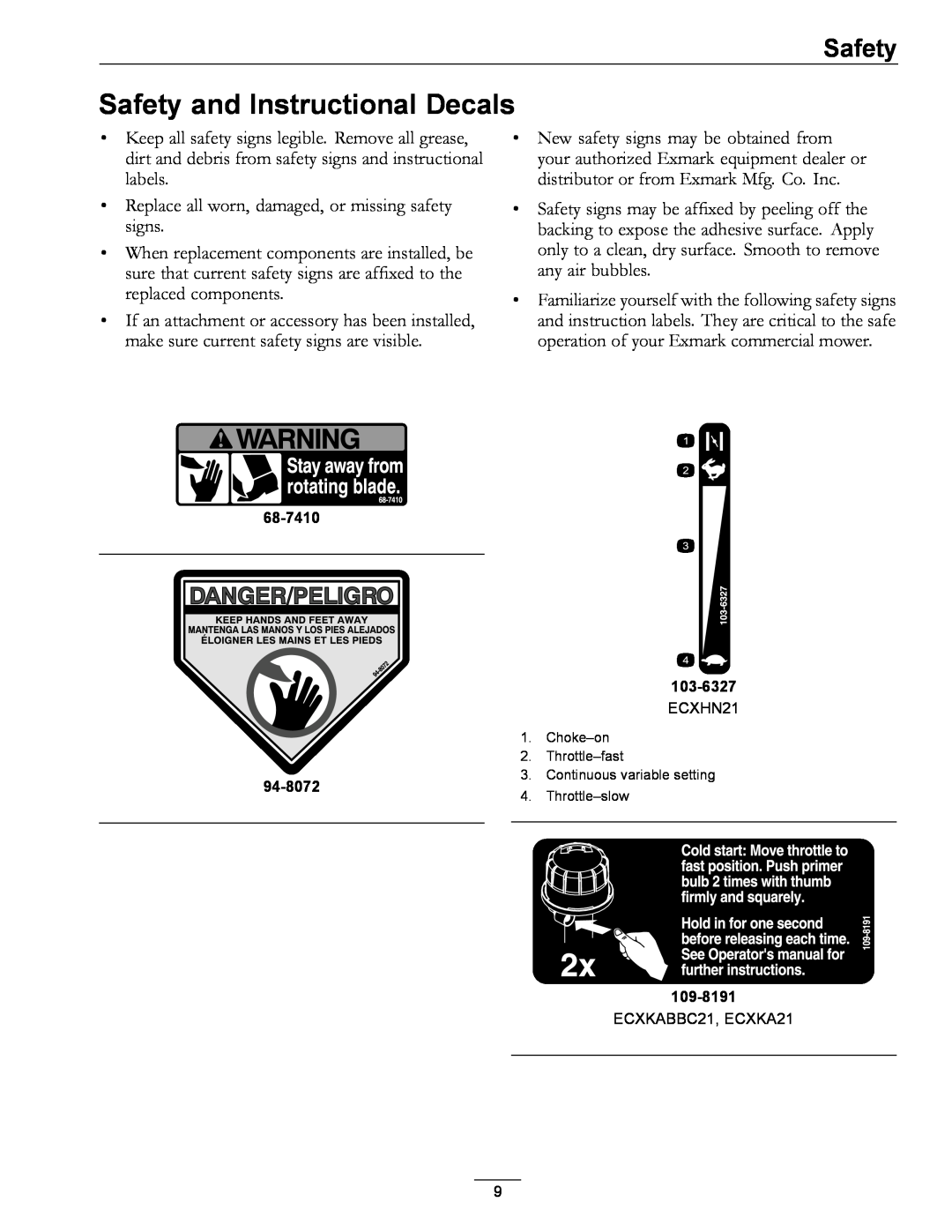Exmark COMMERCIAL 21 manual Safety and Instructional Decals 