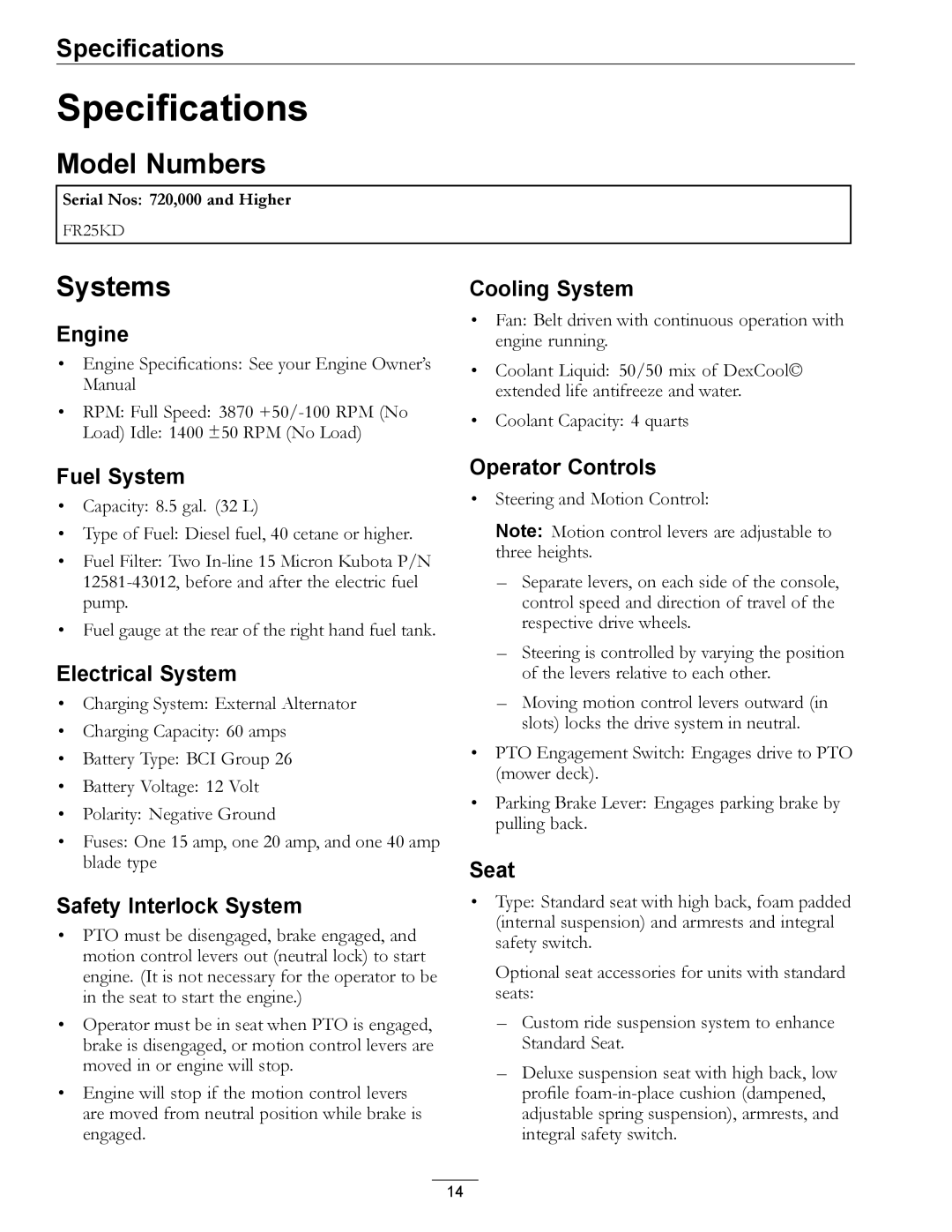 Exmark Diesel manual Specifications, Model Numbers, Systems 