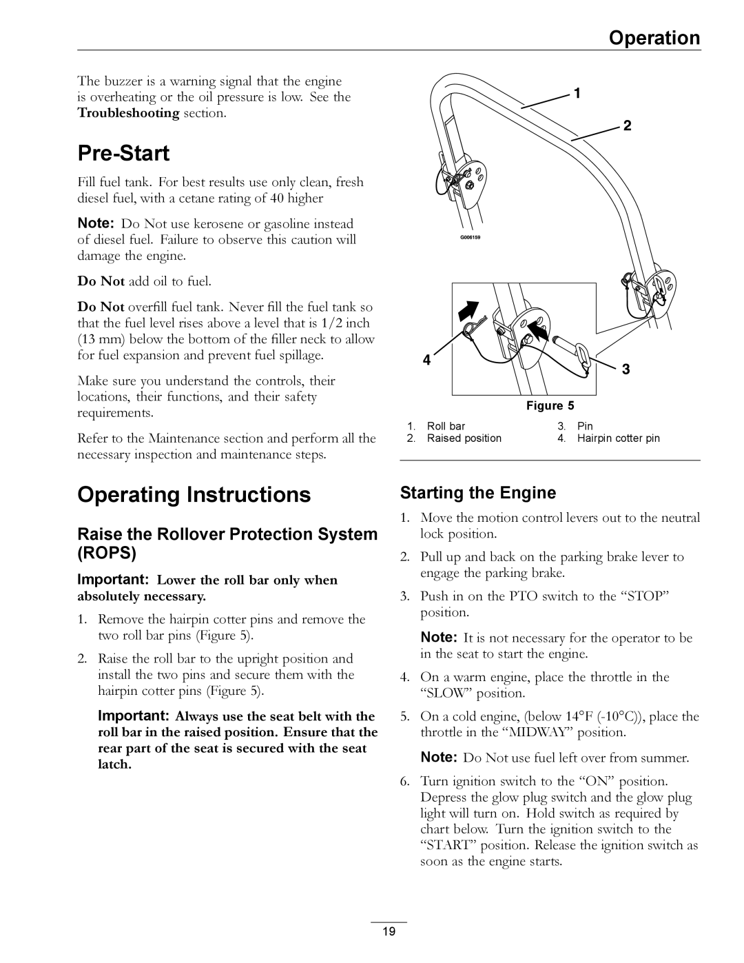 Exmark Diesel manual Pre-Start, Operating Instructions, Raise the Rollover Protection System Rops, Starting the Engine 