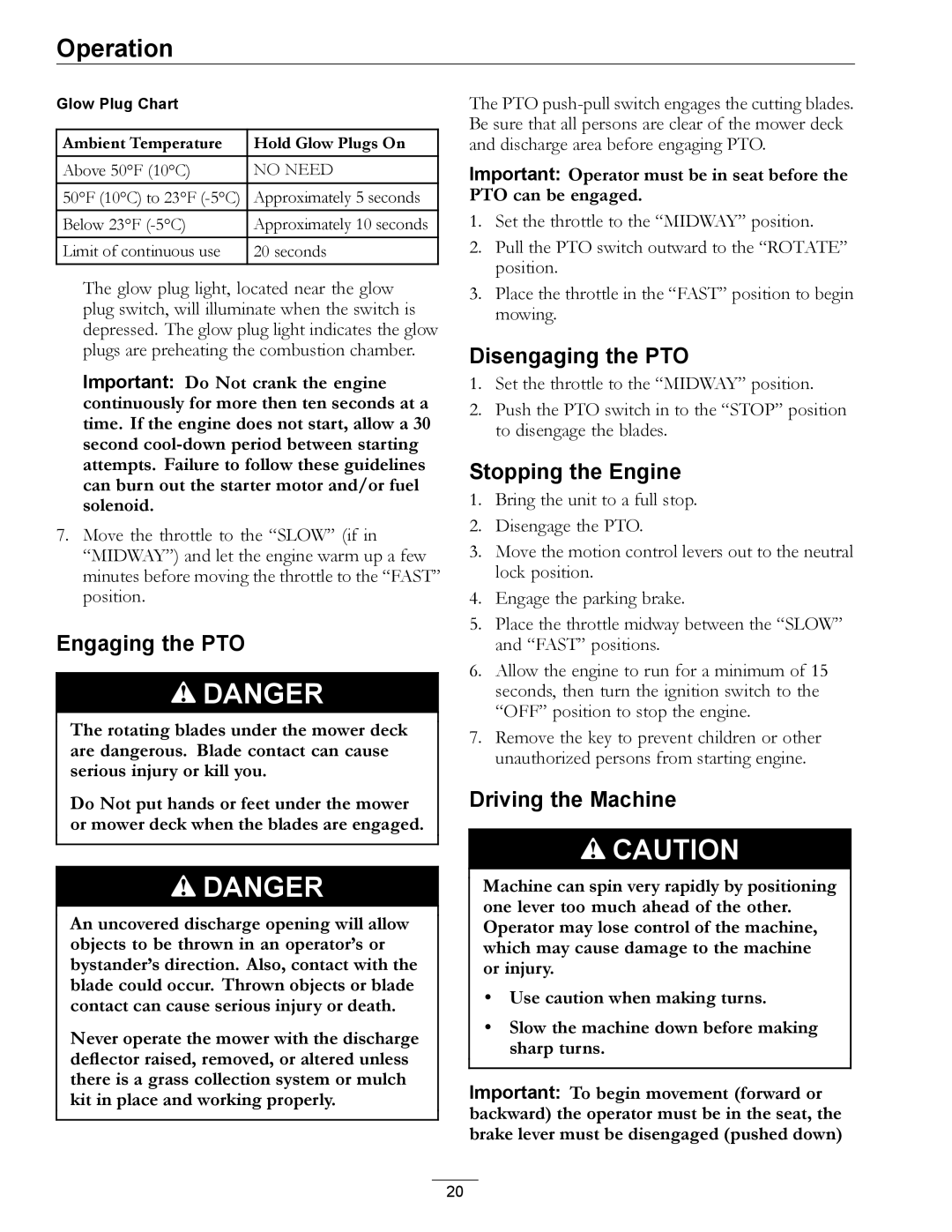 Exmark Diesel manual Engaging the PTO, Disengaging the PTO, Stopping the Engine, Driving the Machine 