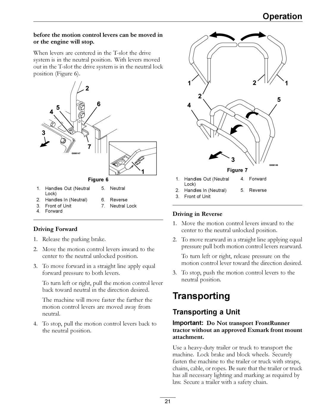 Exmark Diesel manual Transporting a Unit 