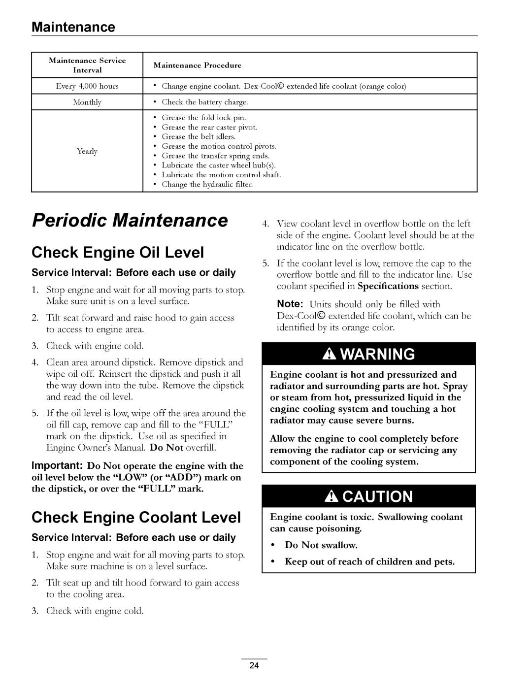 Exmark Diesel manual Check Engine Oil Level, Check Engine Coolant Level 