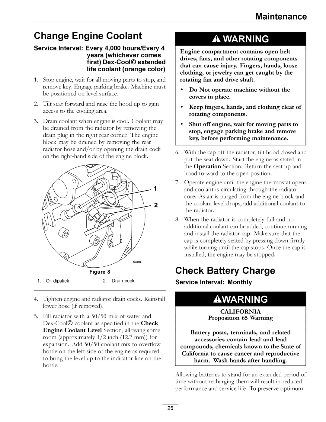 Exmark Diesel manual Change Engine Coolant, Check Battery Charge 