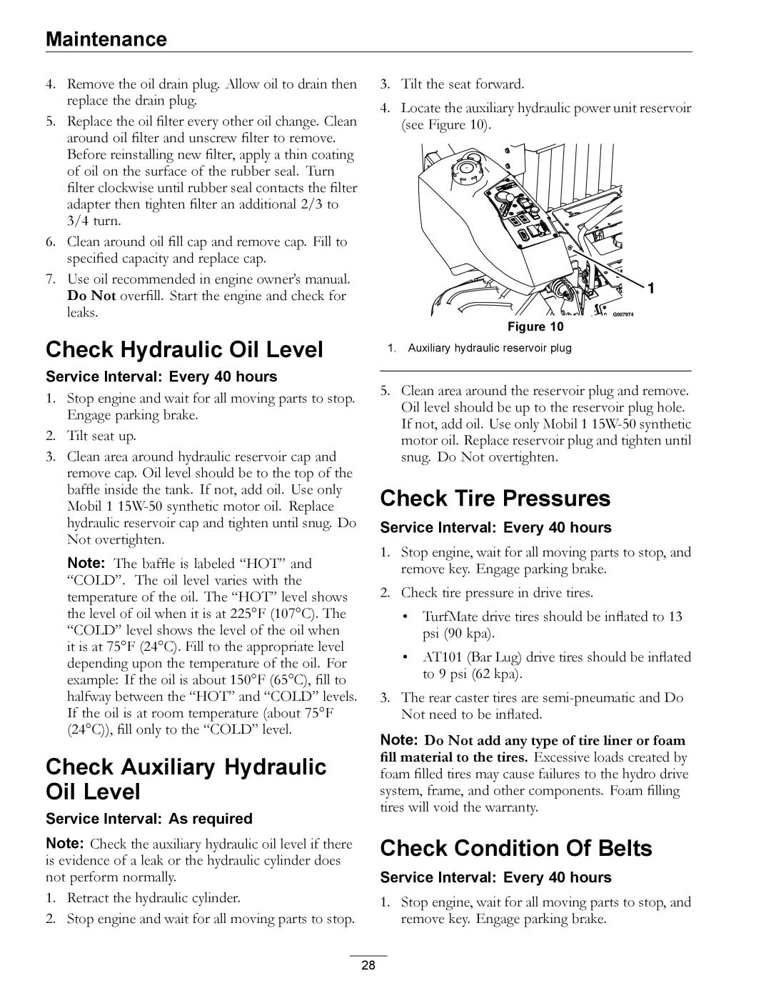 Exmark Diesel manual Check Hydraulic Oil Level, Check Auxiliary Hydraulic Oil Level, Check Tire Pressures 