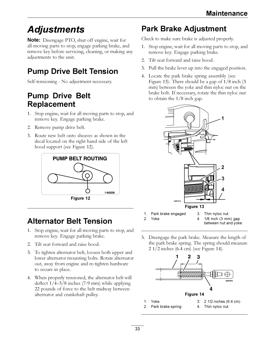 Exmark Diesel manual Pump Drive Belt Tension, Pump Drive Belt Replacement, Alternator Belt Tension, Park Brake Adjustment 