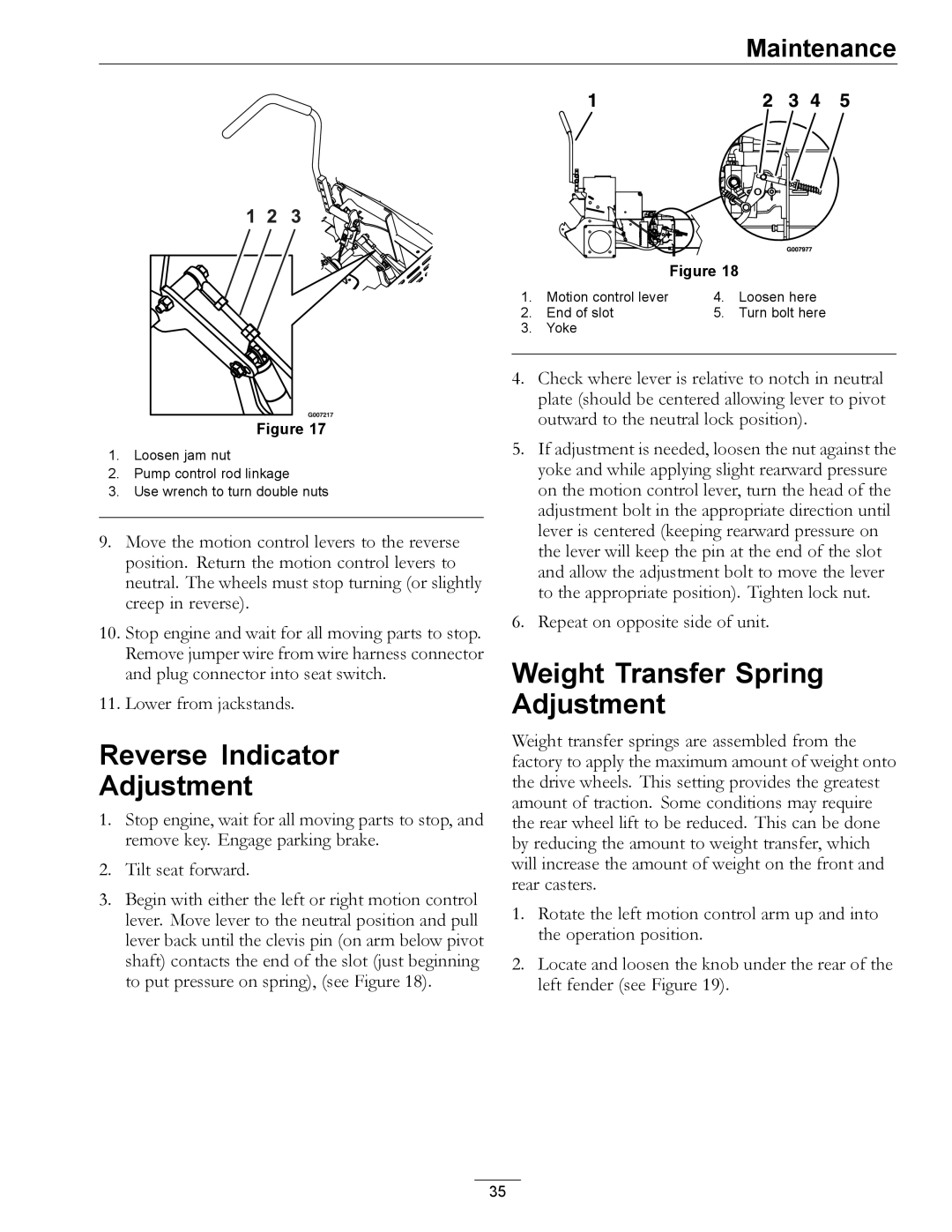 Exmark Diesel manual Reverse Indicator Adjustment, Weight Transfer Spring Adjustment 