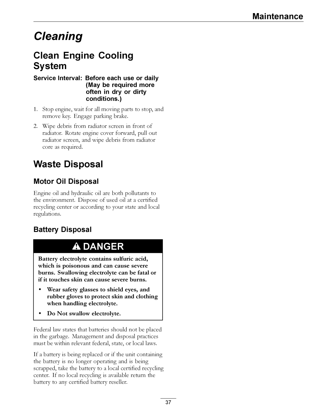 Exmark Diesel manual Clean Engine Cooling System, Waste Disposal, Motor Oil Disposal, Battery Disposal 