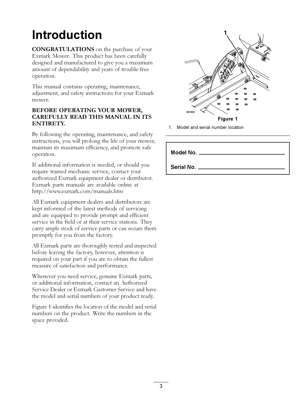 Exmark E-Series manual Introduction 