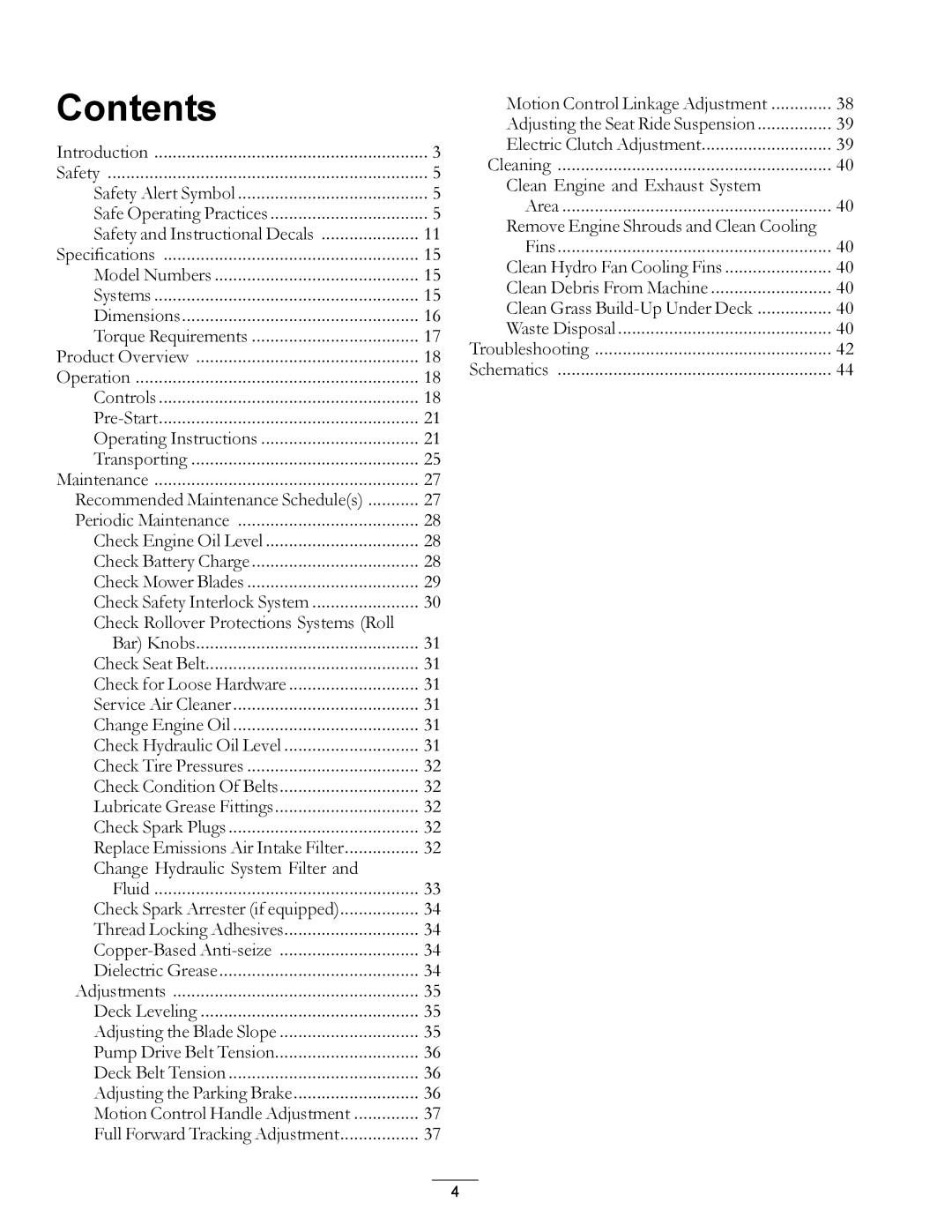 Exmark E-Series manual Contents 