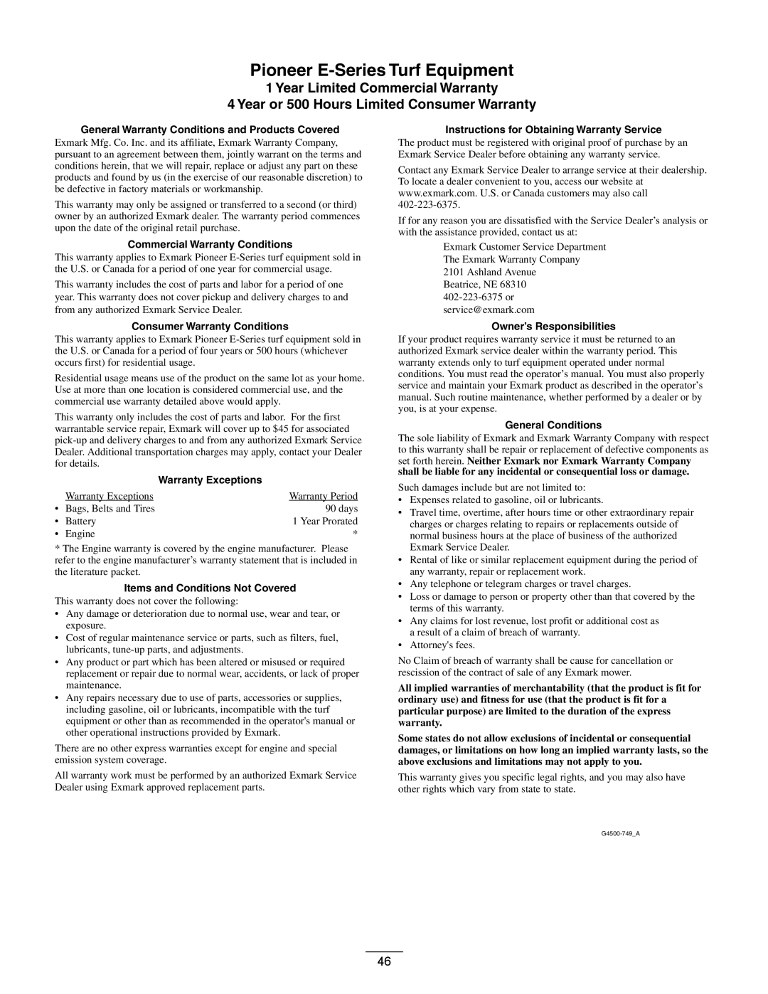 Exmark manual Pioneer E-Series Turf Equipment 