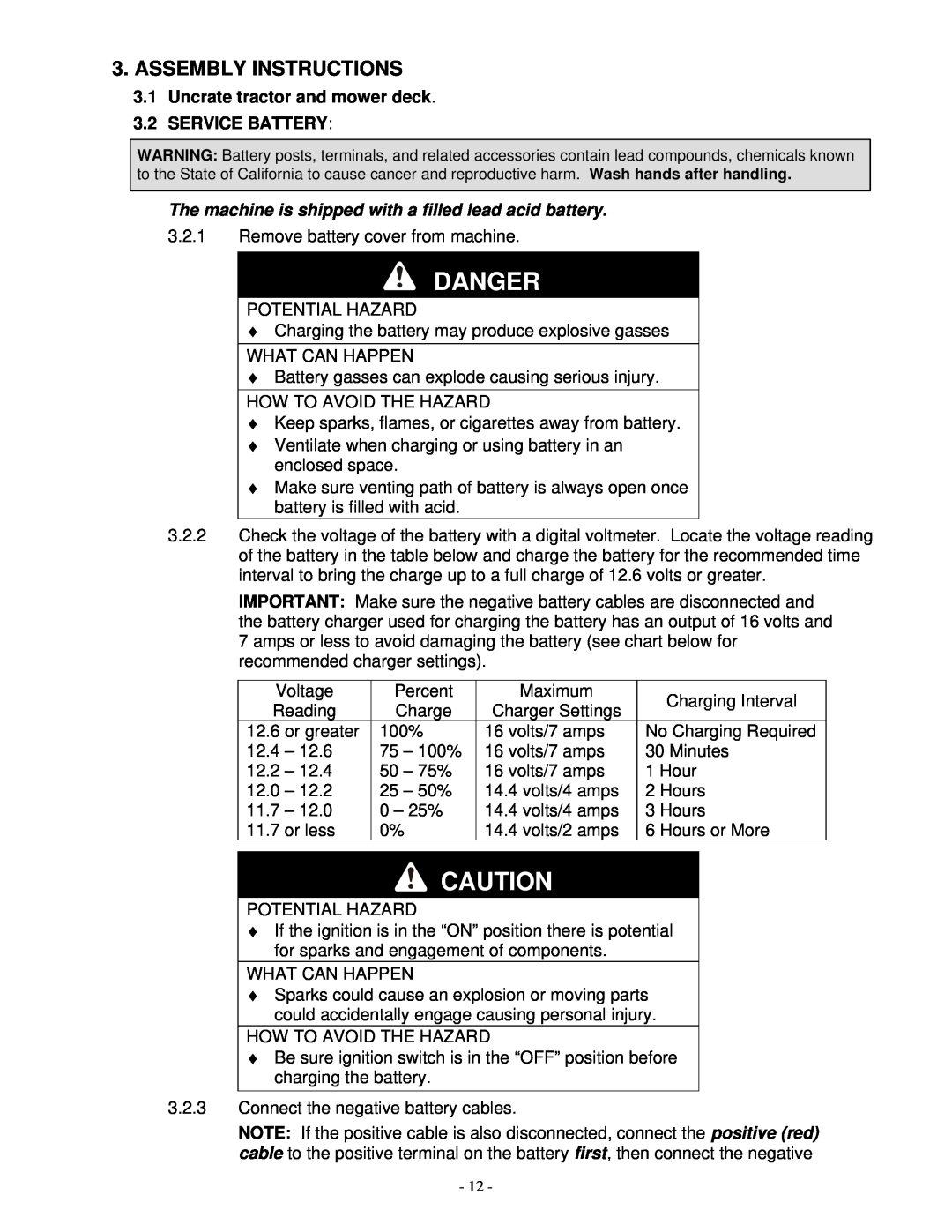 Exmark FMD 604, FMD 524 manual Assembly Instructions, Uncrate tractor and mower deck 3.2 SERVICE BATTERY, Danger 