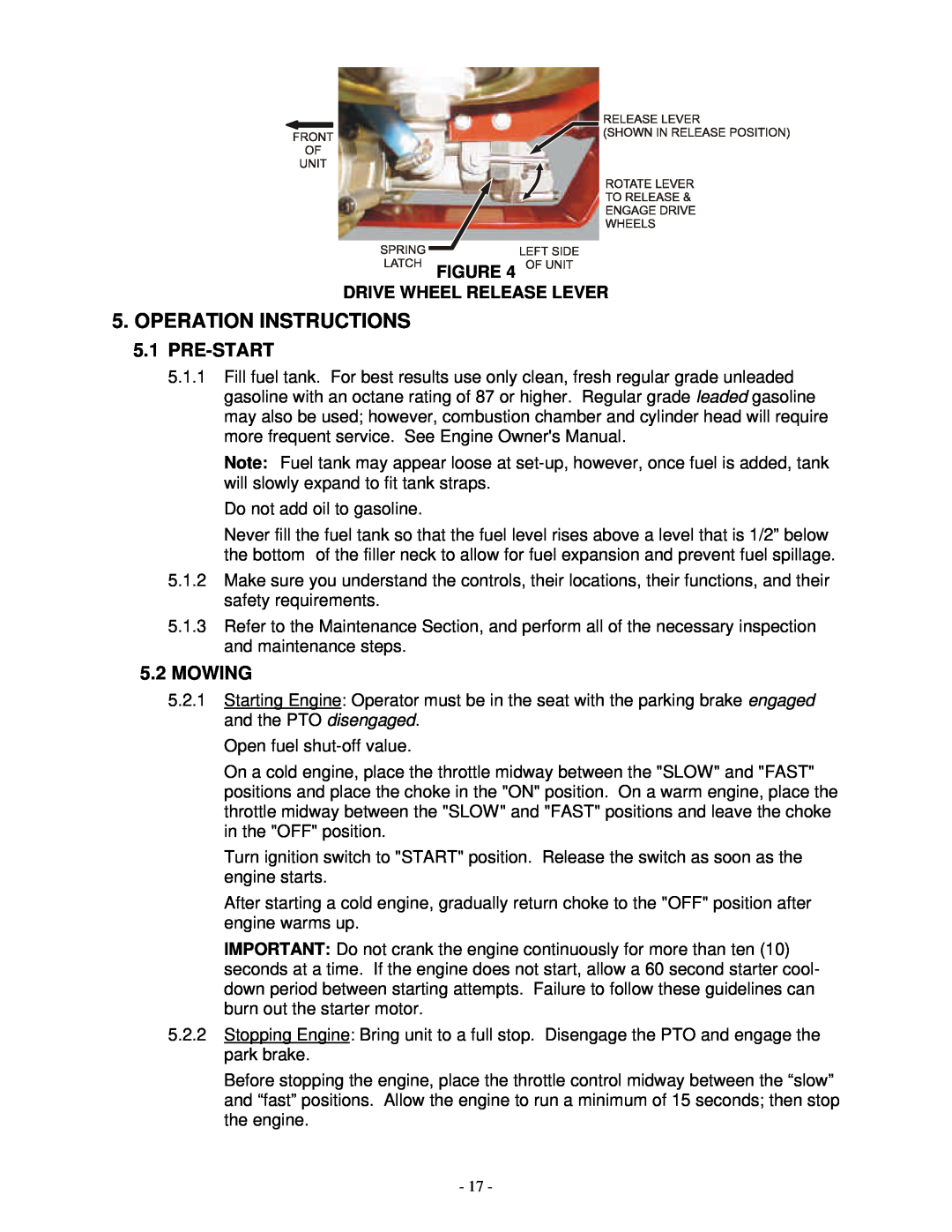 Exmark FMD 524, FMD 604 manual Operation Instructions, Pre-Start, Mowing, Drive Wheel Release Lever 