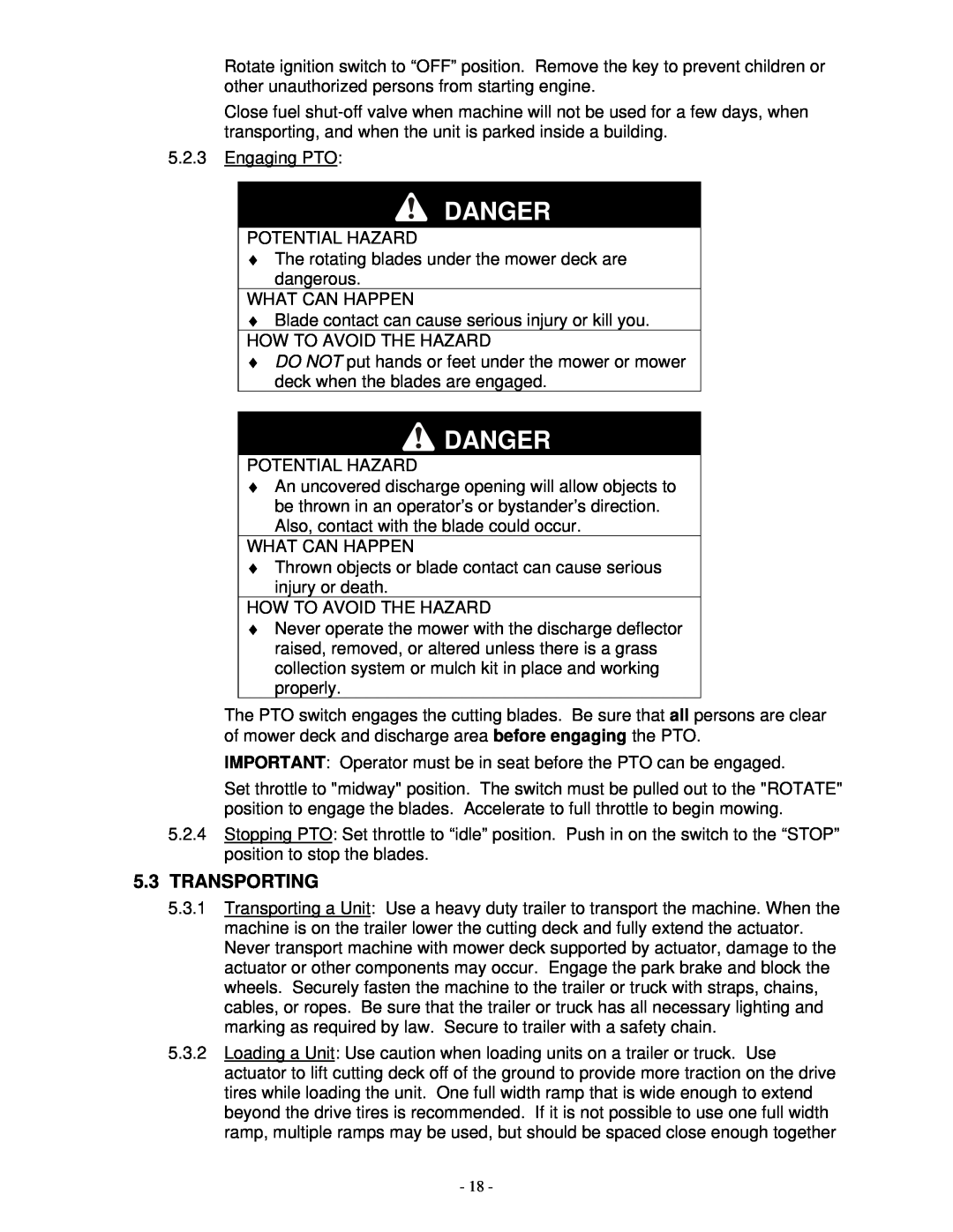 Exmark FMD 604, FMD 524 manual Transporting, Danger 