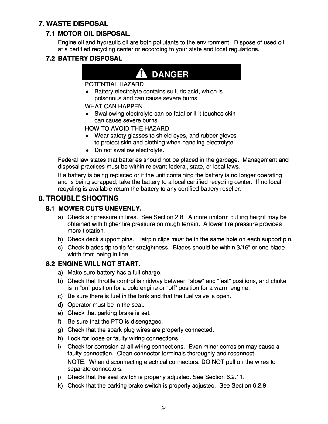 Exmark FMD 604 manual Waste Disposal, Trouble Shooting, Motor Oil Disposal, Battery Disposal, Mower Cuts Unevenly, Danger 