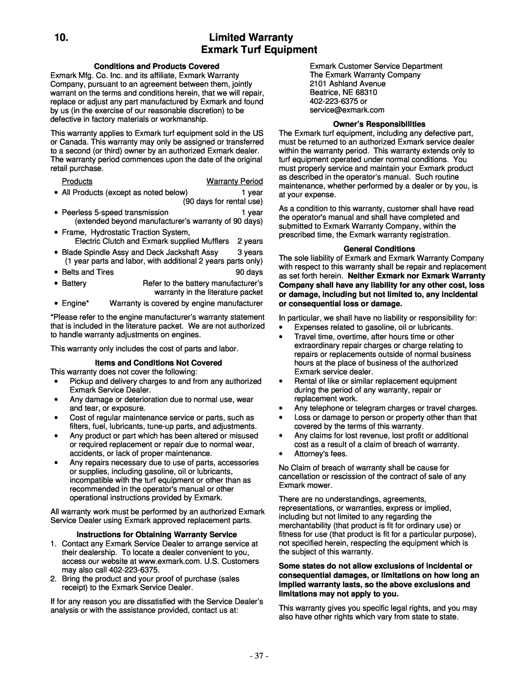 Exmark FMD 524, FMD 604 manual Limited Warranty Exmark Turf Equipment 