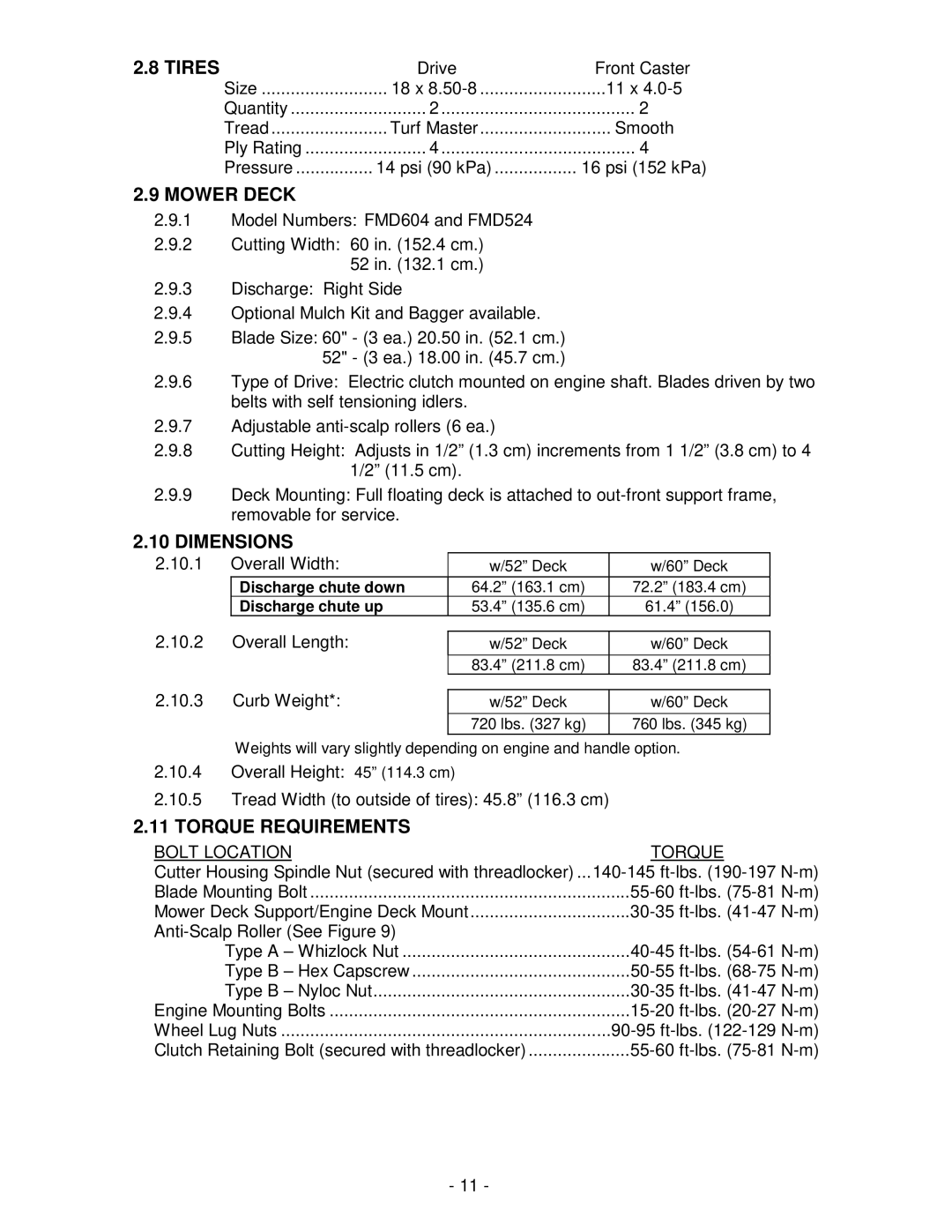 Exmark FMD524 manual Tires, Mower Deck, Dimensions, Torque Requirements 