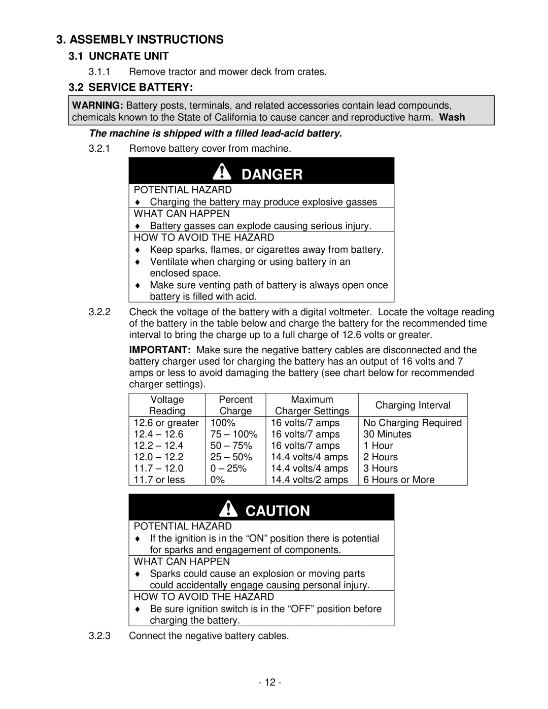 Exmark FMD524 manual Assembly Instructions, Uncrate Unit, Service Battery 