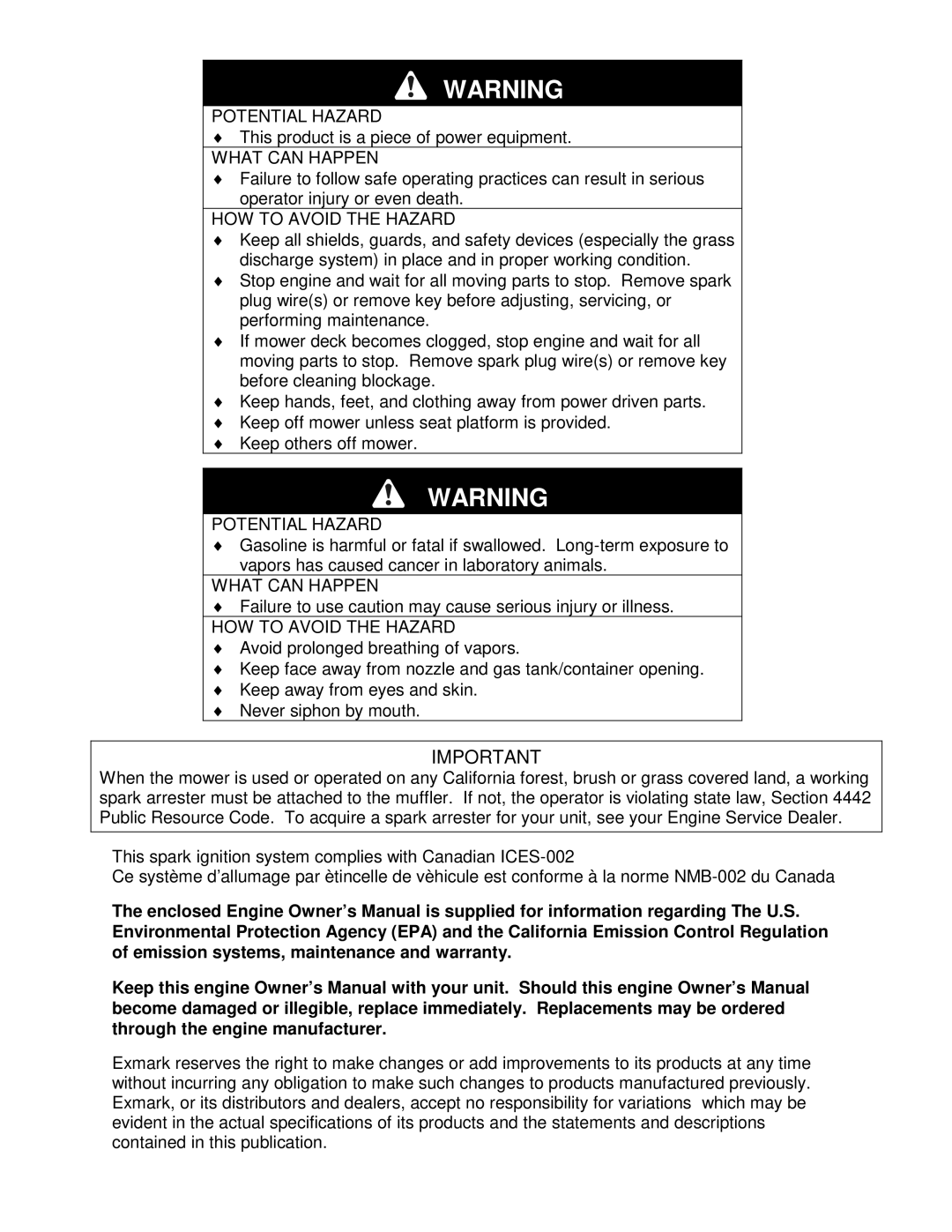 Exmark FMD524 manual Potential Hazard 