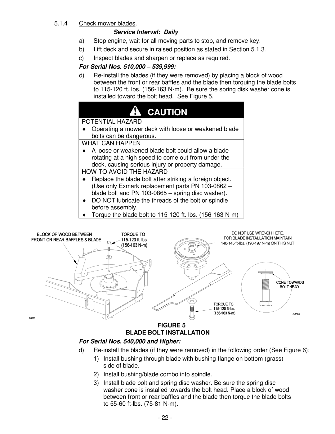 Exmark FMD524 manual For Serial Nos ,000 539,999, Blade Bolt Installation 