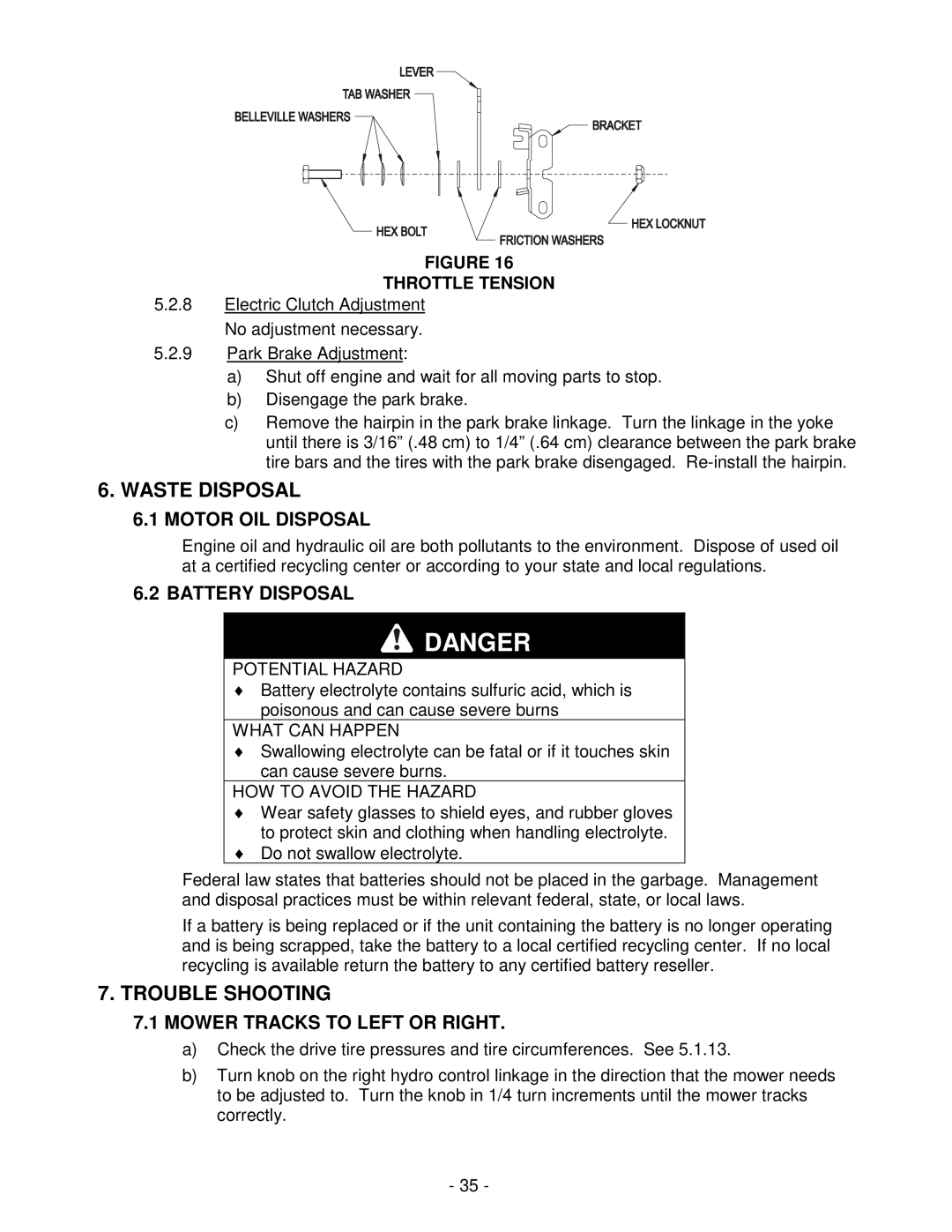 Exmark FMD524 manual Waste Disposal, Trouble Shooting, Motor OIL Disposal, Battery Disposal, Mower Tracks to Left or Right 