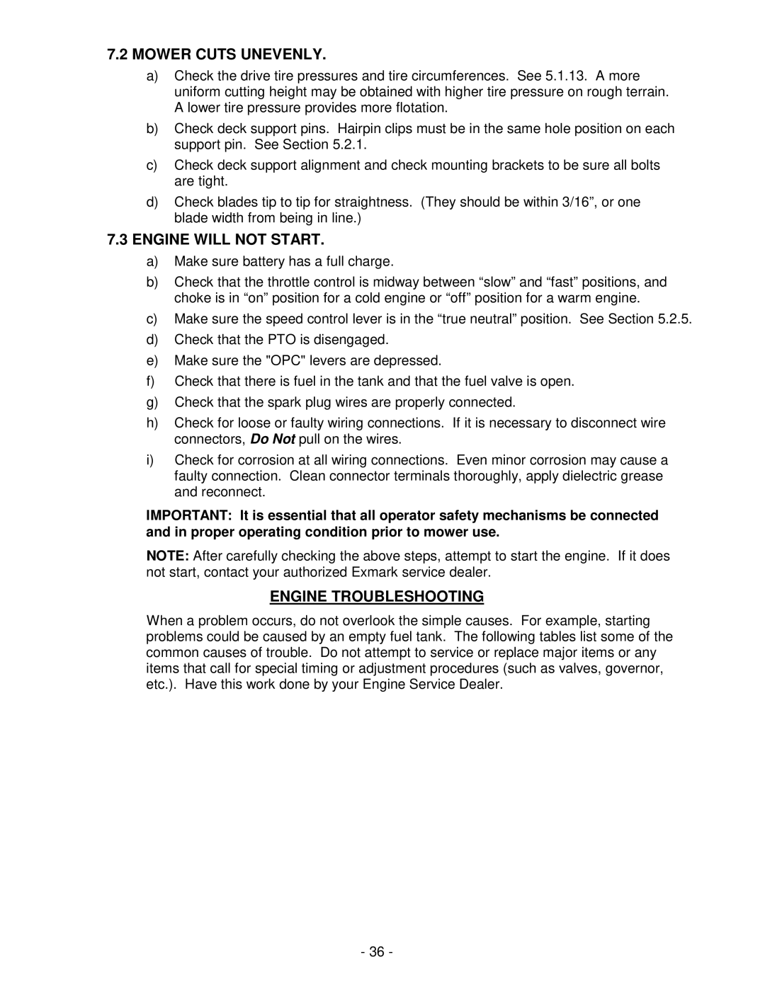 Exmark FMD524 manual Mower Cuts Unevenly, Engine will not Start, Engine Troubleshooting 