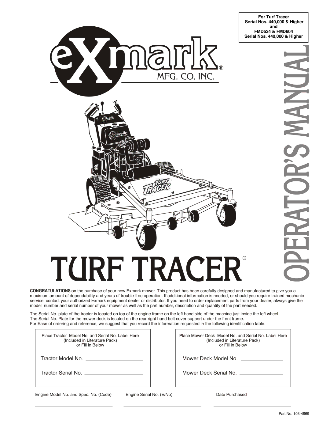 Exmark manual For Turf Tracer Serial Nos ,000 & Higher FMD524 & FMD604 