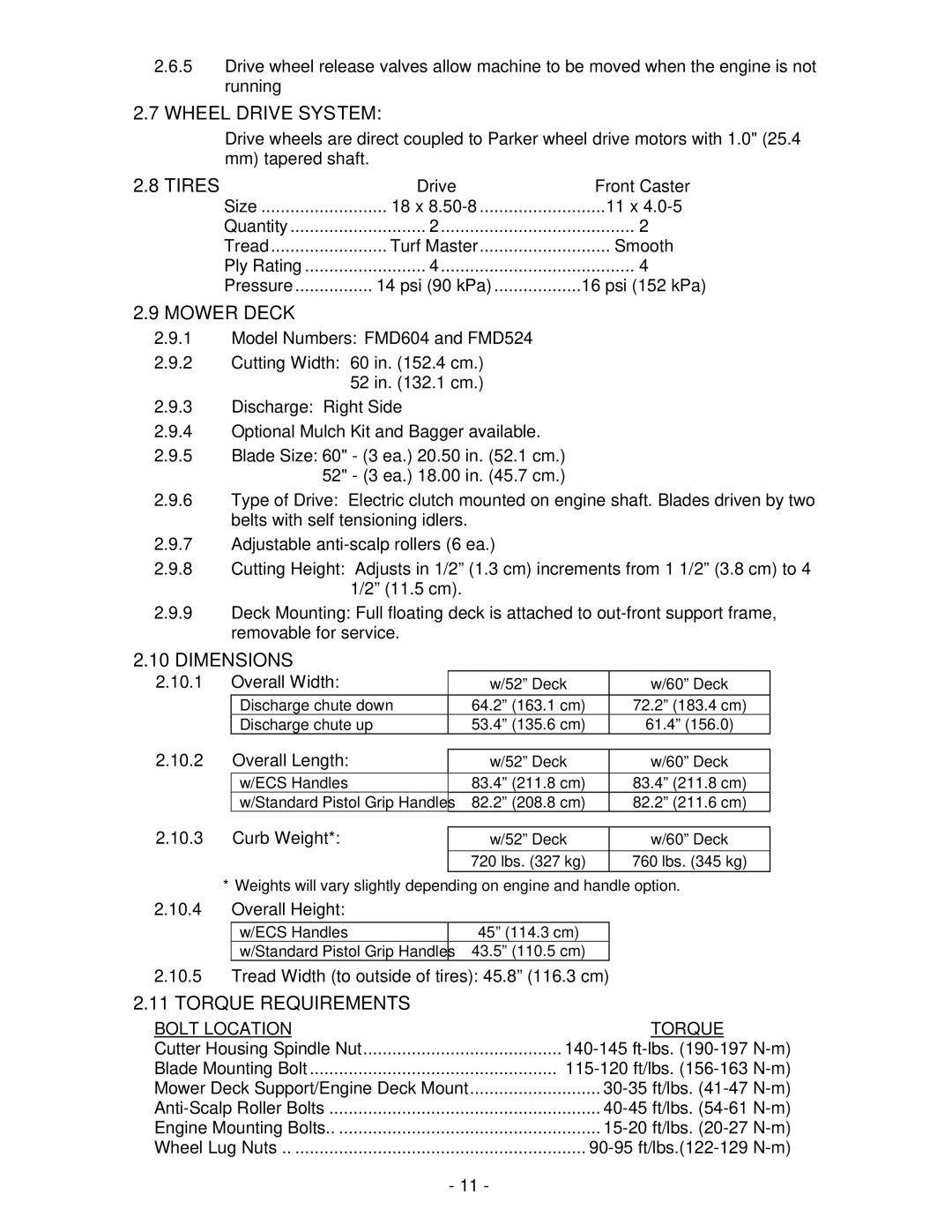 Exmark FMD604 manual Wheel Drive System, Tires, Mower Deck, Dimensions, Torque Requirements 