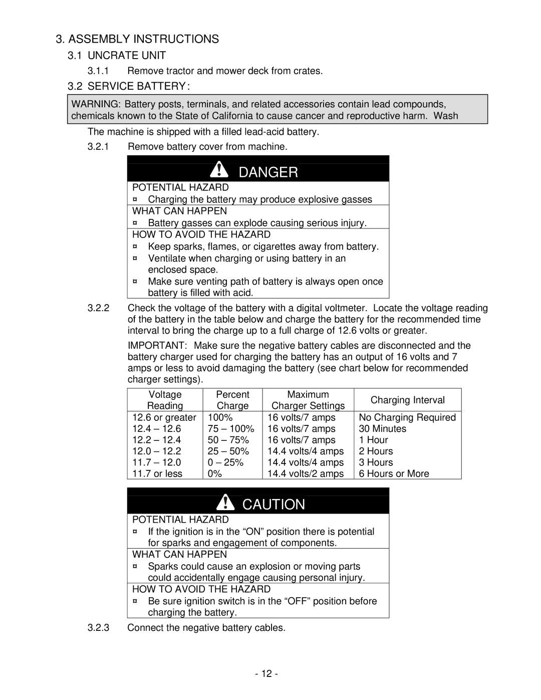 Exmark FMD604 manual Assembly Instructions, Uncrate Unit, Service Battery 