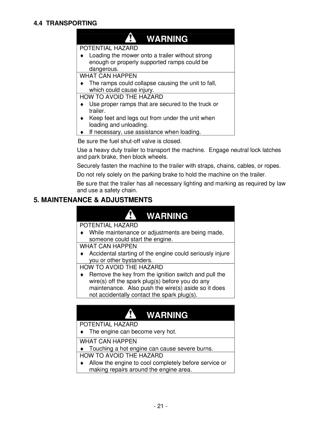 Exmark FMD604 manual Maintenance & Adjustments, Transporting 