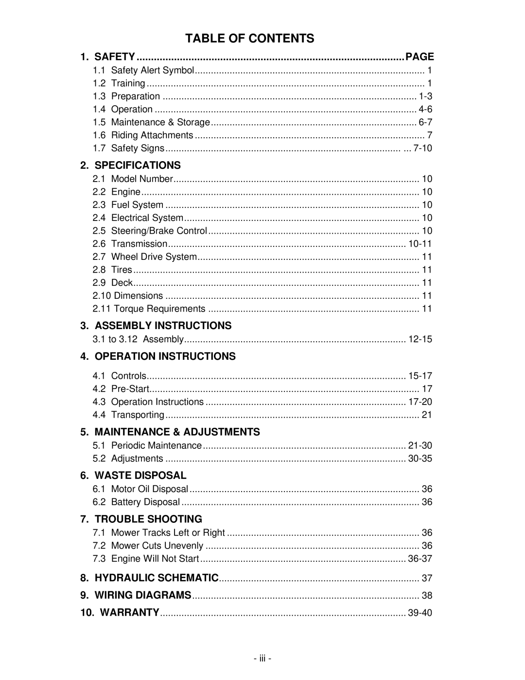 Exmark FMD604 manual Table of Contents 