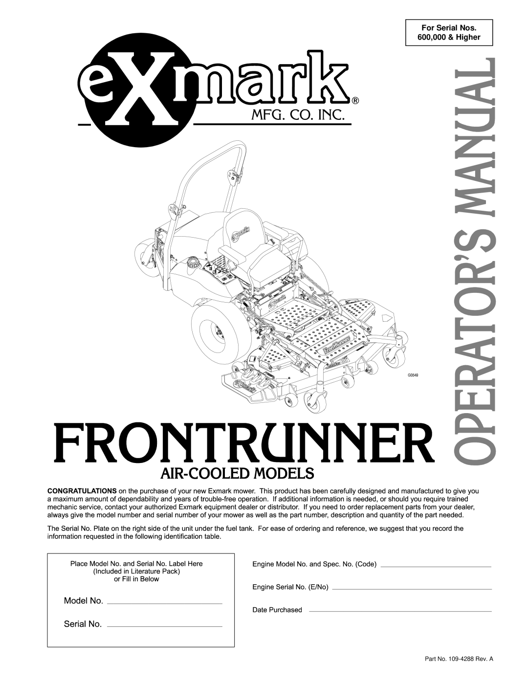 Exmark FR20KC, FR27KC, FR23KC manual For Serial Nos 600,000 & Higher 