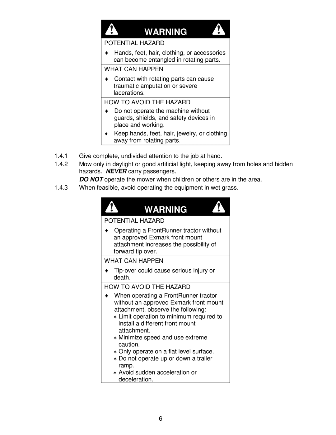 Exmark FR23KC, FR27KC, FR20KC manual Tip-over could cause serious injury or death 