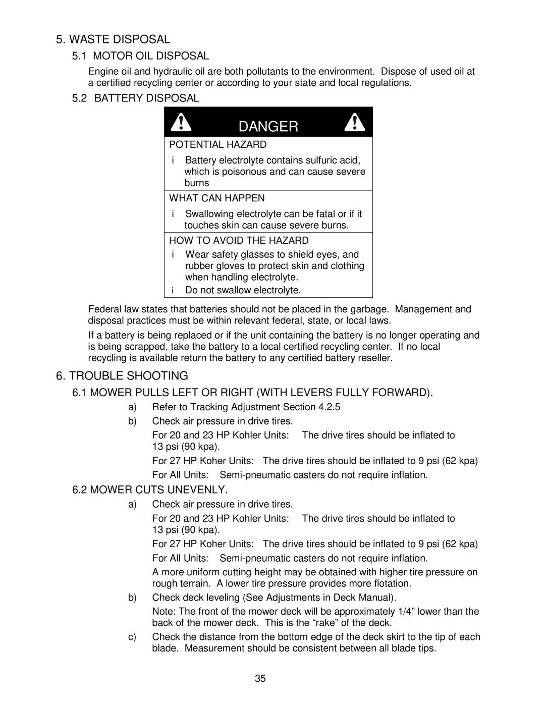 Exmark FR20KC, FR27KC, FR23KC manual Waste Disposal, Trouble Shooting 