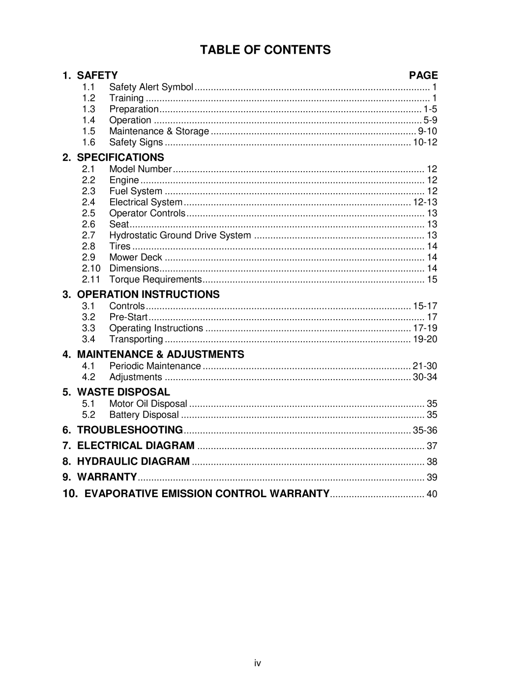 Exmark FR23KC, FR27KC, FR20KC manual Table of Contents 