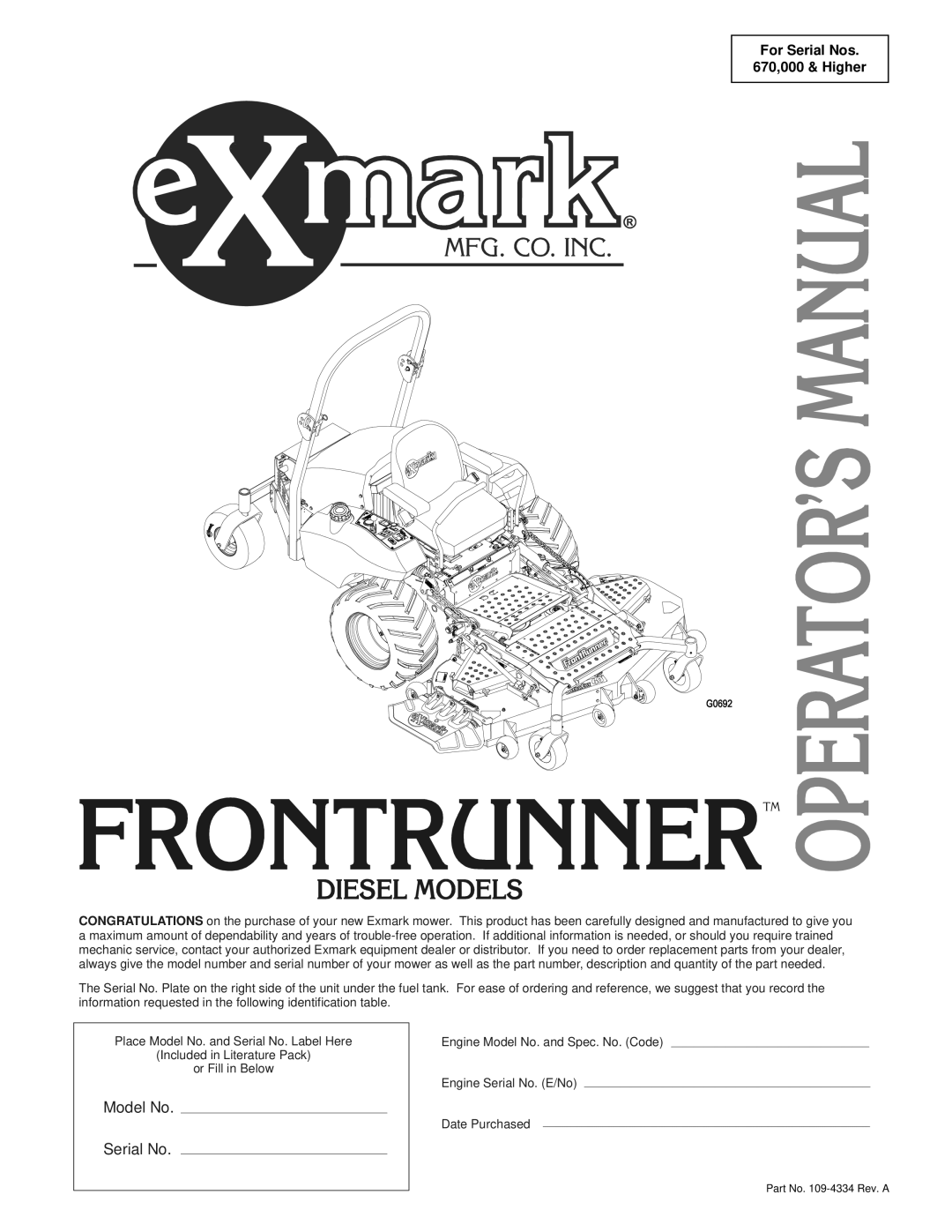 Exmark Frontrunner manual Model No Serial No 