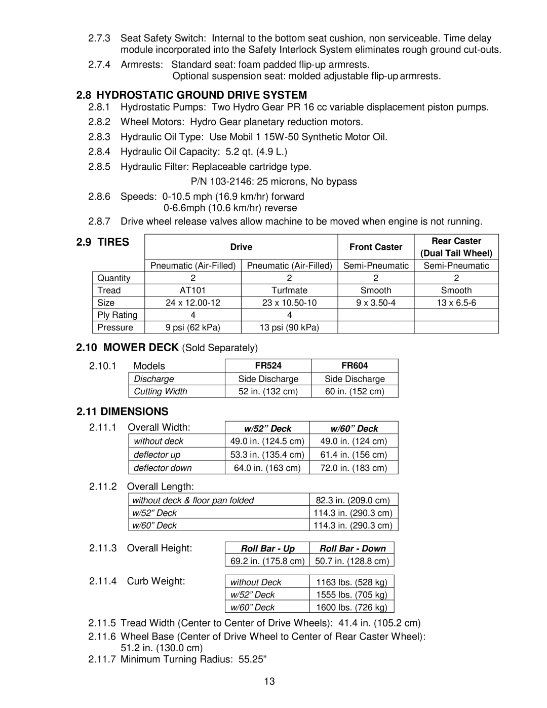 Exmark Frontrunner manual Hydrostatic Ground Drive System, Tires, Dimensions 