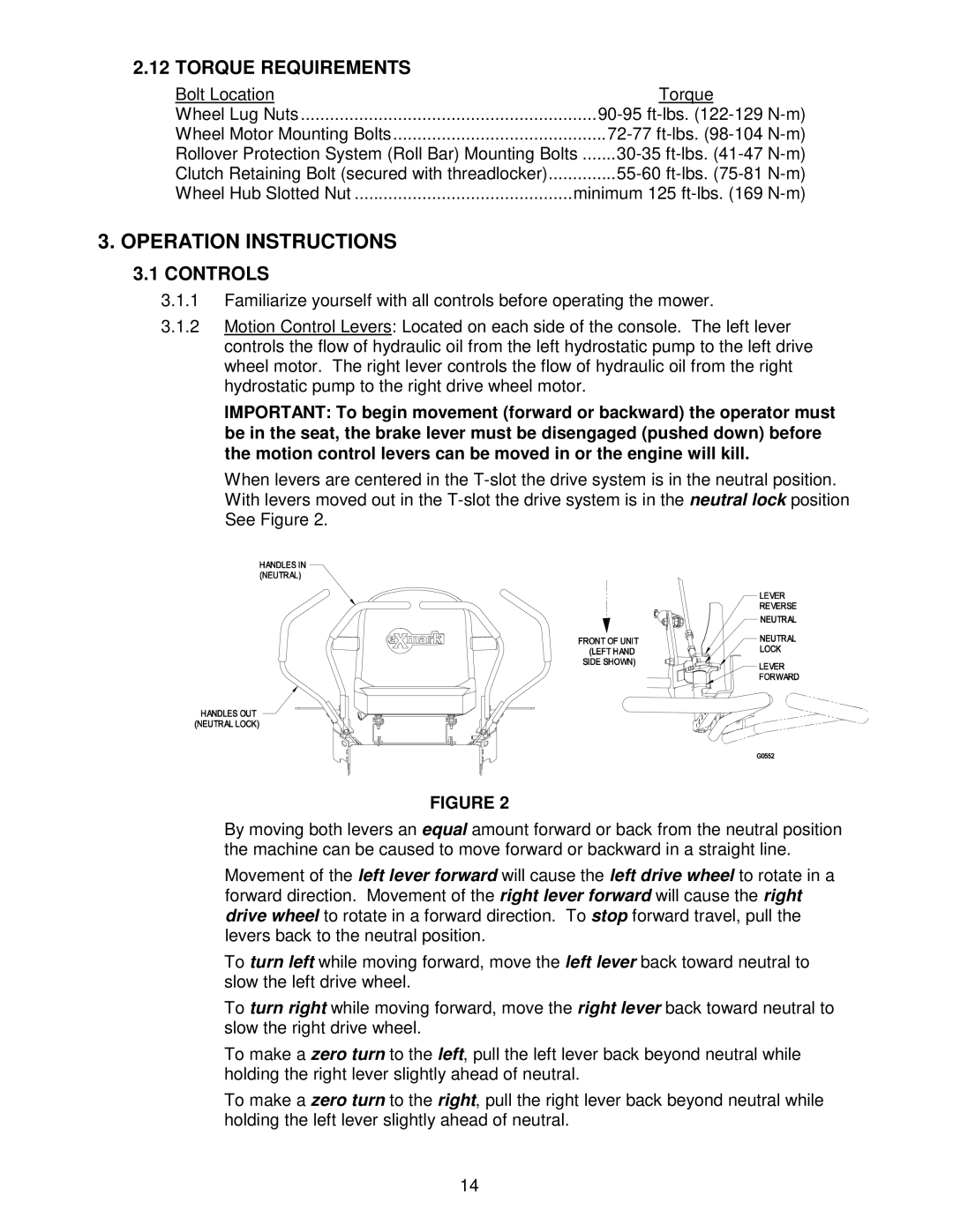 Exmark Frontrunner manual Operation Instructions, Torque Requirements, Controls 