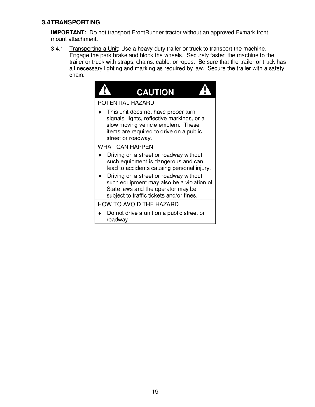 Exmark Frontrunner manual Transporting 