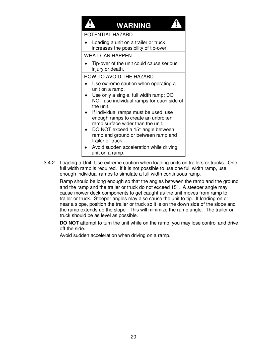 Exmark Frontrunner manual Tip-over of the unit could cause serious injury or death 