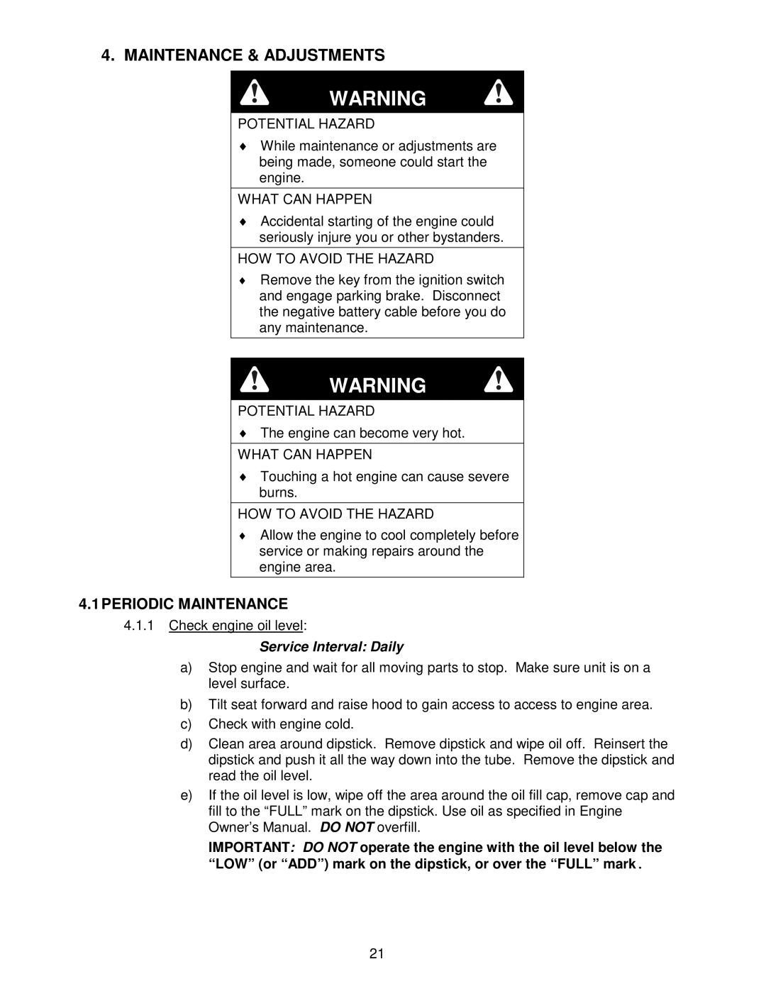 Exmark Frontrunner manual Maintenance & Adjustments, Periodic Maintenance, Service Interval Daily 