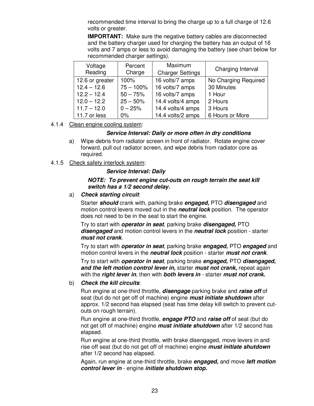 Exmark Frontrunner Service Interval Daily or more often in dry conditions, Service Interval Daily Check starting circuit 