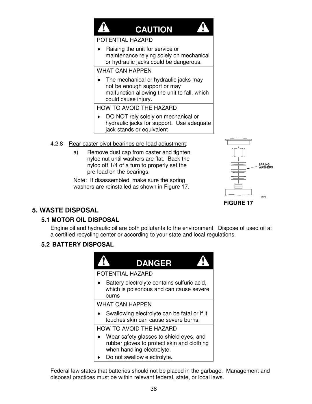 Exmark Frontrunner manual Waste Disposal, Motor OIL Disposal, Battery Disposal 