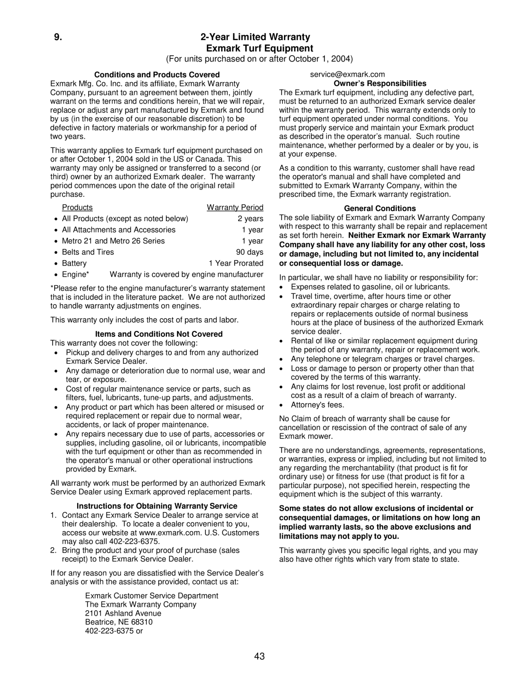 Exmark Frontrunner manual Year Limited Warranty Exmark Turf Equipment 