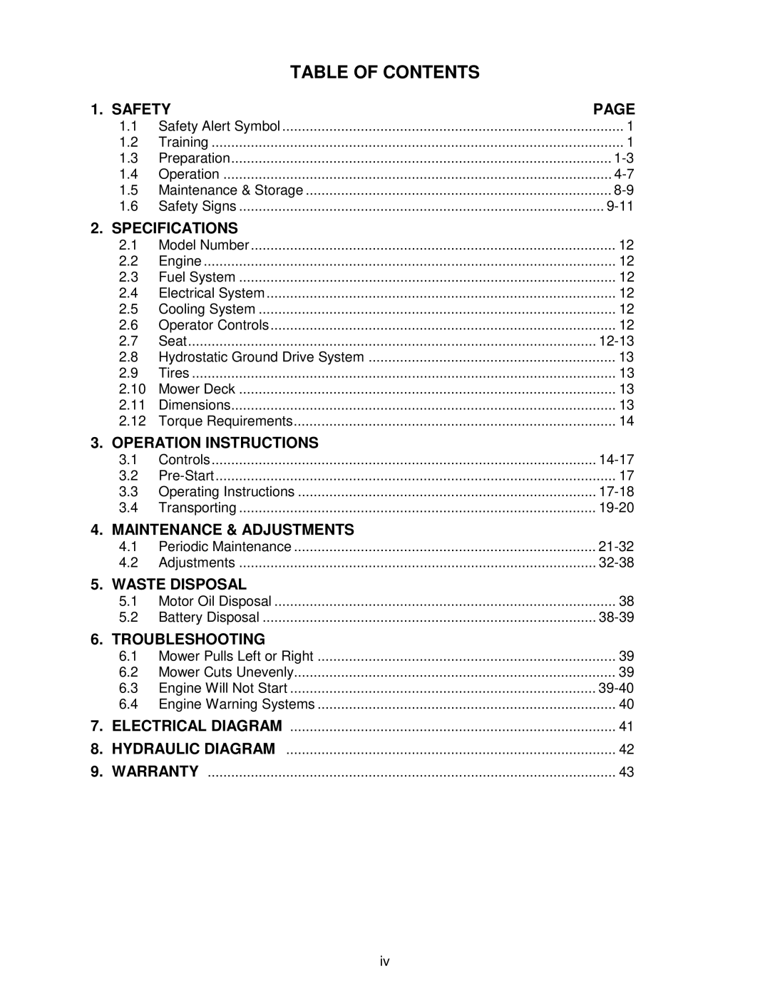 Exmark Frontrunner manual Table of Contents 