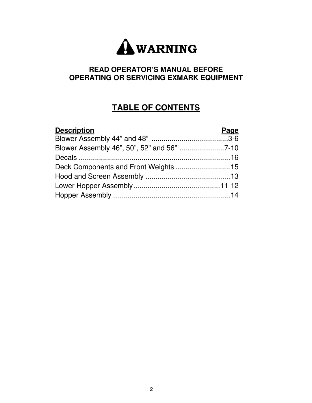 Exmark 4500-421, HP Models manual Table of Contents 