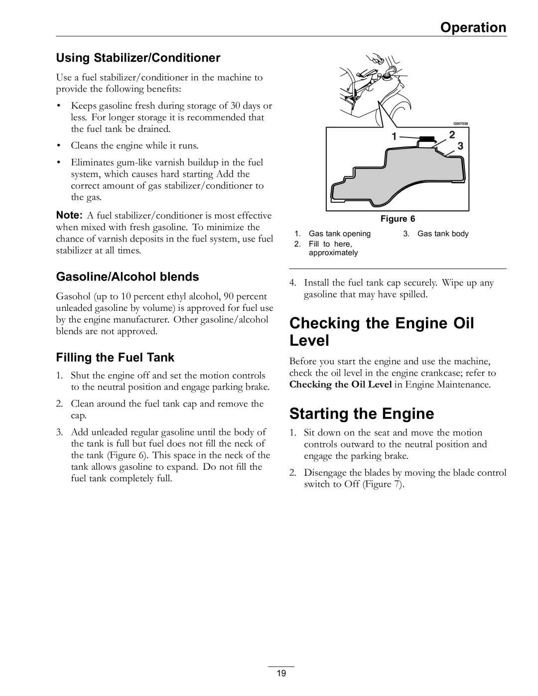 Exmark Lawn Mower Checking the Engine Oil Level, Starting the Engine, Using Stabilizer/Conditioner, Filling the Fuel Tank 